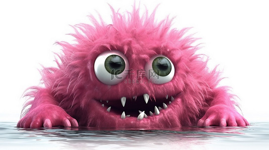 粉红色毛茸茸的生物在白色虚空 3D 插图中游泳的特写