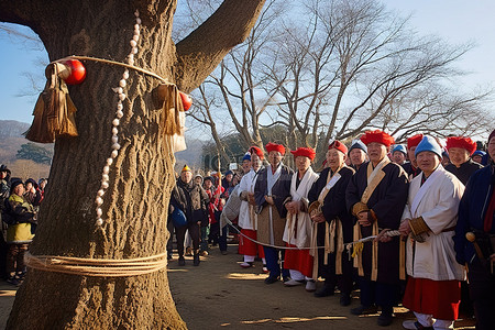 一群穿着传统服装的男子在树旁摆姿势