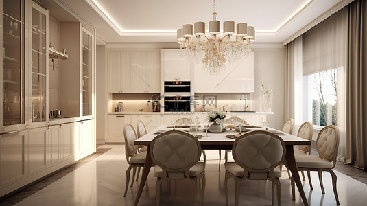 古典与现代背景图片_古典与现代厨房的融合，配有玻璃吊灯和米色室内 3D 渲染