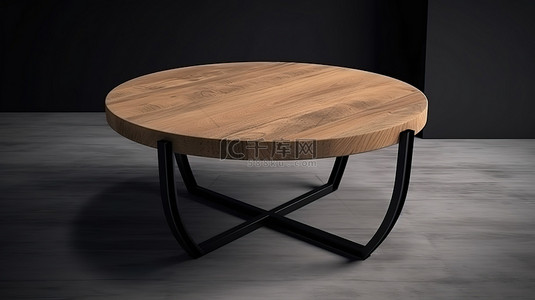 矮桌采用圆形木制阁楼设计，带有光滑的黑色金属腿，采用 3D 渲染