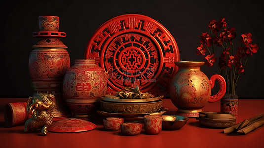 1 中国传统饰品收藏 3D 渲染的中国新年快乐庆祝