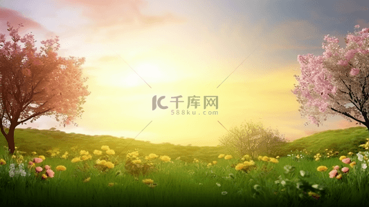 花朵温暖背景图片_草地花卉树木日光春季广告背景