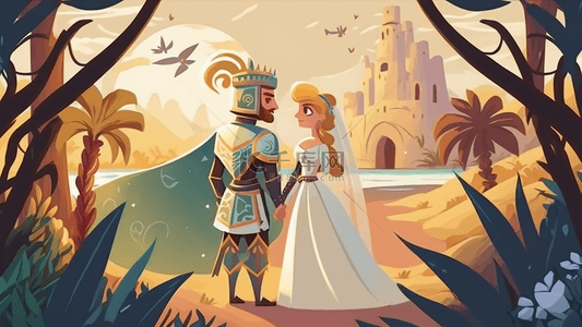 公主王子婚礼背景图片_婚礼骑士公主卡通风格背景