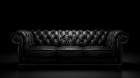 深色背景下黑色皮革沙发的时尚 3D 渲染