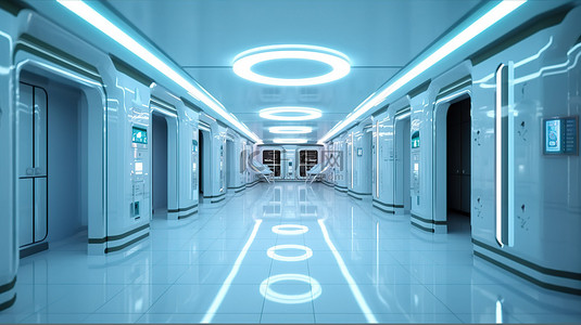 虚拟医院未来走廊的 3D 渲染