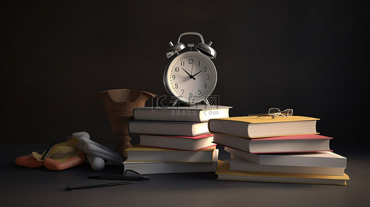 简约学习人背景图片_学校主题教育的简约 3D 渲染，上面有一摞书和一个闹钟