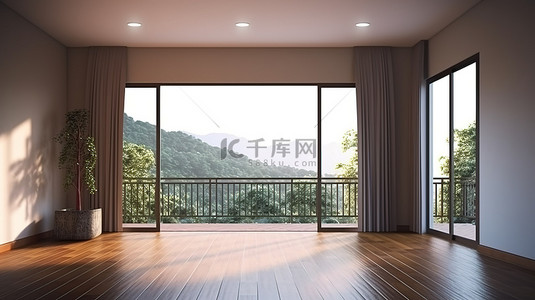 宽敞房间的 3D 渲染，配有阳台木地板彩绘墙壁和帆布框架 PVC 门