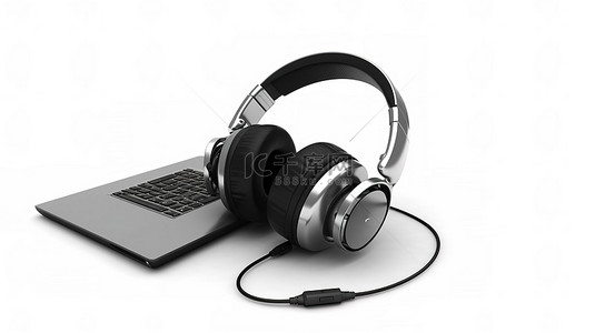 玩电脑的人背景图片_带笔记本电脑和耳机的白色背景的 3D 孤立插图