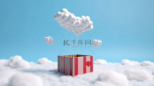 情人节或周年纪念礼品盒的 3D 渲染，捕捉从多云的天空落下的心