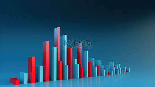 金融科技蓝色背景背景图片_蓝色背景，红色箭头位于上升的 3d 条形图上方