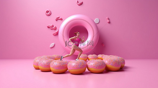 跑步机上矛盾的健身跑步者在粉红色背景的 3D 渲染中伸手去拿甜甜圈