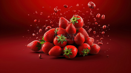 可口草莓背景图片_一堆甘美的草莓层叠在 3D 充满活力的红色工作室背景上