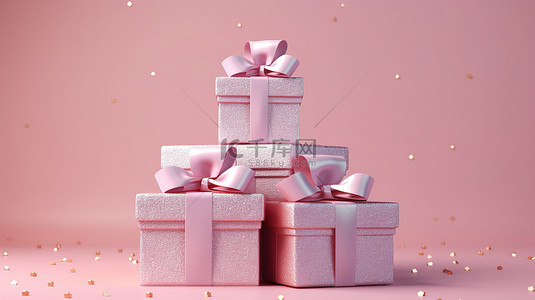 3D 渲染礼品盒，粉红色背景上带有丝带蝴蝶结，非常适合圣诞节和生日
