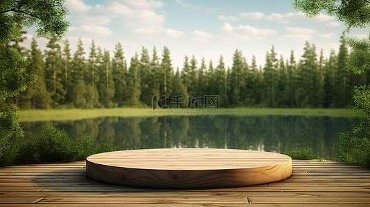 圆形木制平台的标题 3D 渲染，俯瞰郁郁葱葱的绿色森林和湖泊与夏季景观