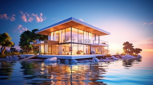 度假建筑背景图片_海滨度假屋的现代 3D 插图