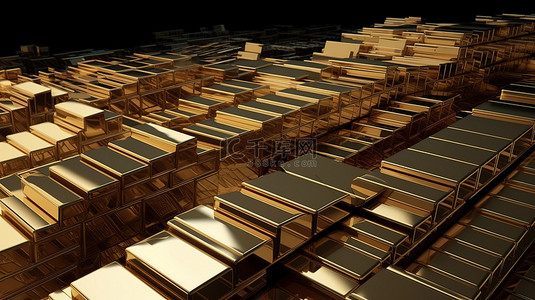 仓库里堆放的金条是财富和繁荣的 3D 概念