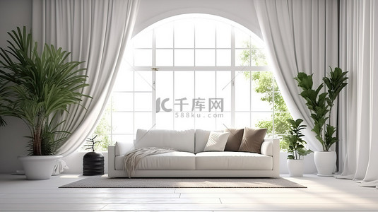 现代室内空间设有白色沙发大窗户和别致的装饰计算机生成的图像
