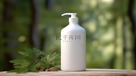 展示森林白色洗发水瓶和空白罐子中的天然化妆品，展示 3D 插图