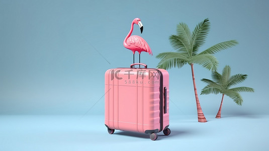 带有充气粉色火烈鸟和棕榈叶的滚动手提箱的 3D 插图