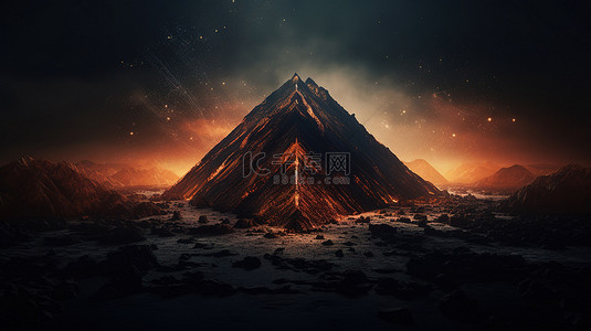 抽象科幻火山景观 3d 渲染具有黑色三角形背景和由各种大小的三角形组成的黑社会照明