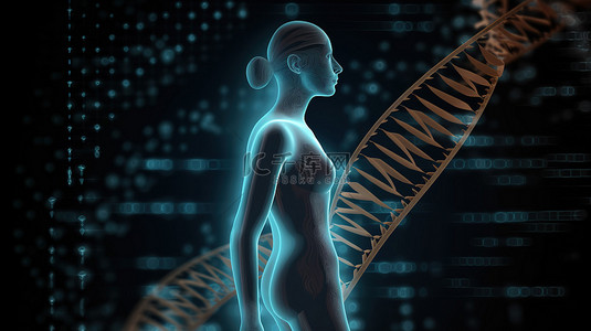 漂浮的细菌背景图片_3D 医学背景中漂浮在 DNA 链上的女性形象的描绘