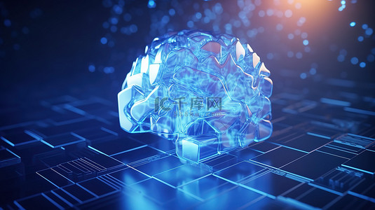 模糊壁纸上具有 AI 和机器学习主题的抽象蓝色多边形大脑全息图的 3D 渲染