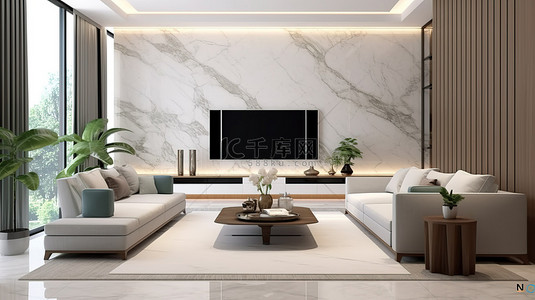 简约的现代客厅配有墙壁装饰和电视柜，配有白色大理石和木质装饰，配有 3D 渲染的沙发套件