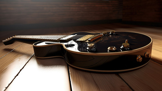 木桌上 3D 呈现的黑色美感复古风格电吉他