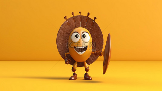 双箭头循环背景图片_3D 渲染的棕色鸡蛋吉祥物，带有射箭目标和充满活力的黄色背景上的牛眼飞镖