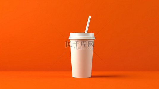 橙色样机背景图片_充满活力的橙色背景上带有白纸的苏打水杯的 3D 渲染
