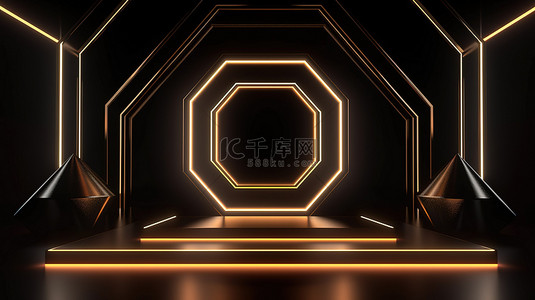 3d 渲染中的金色霓虹灯照亮黑色几何舞台