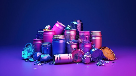 紫色和蓝色背景下的各种废物变体，3D 渲染说明回收