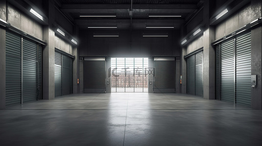打开大门背景图片_暴露的仓库内部在 3d 渲染与打开的百叶窗门