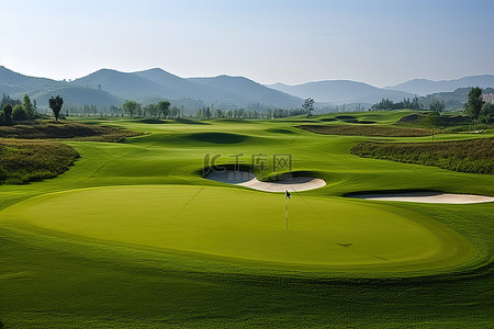 乒乓球台图标背景图片_发球台覆盖着青草和山脉的高尔夫球场