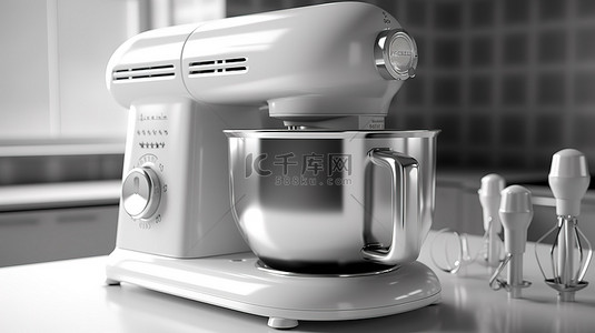 厨房消毒机背景图片_复古厨房中老式单色搅拌机前视图的 3D 渲染