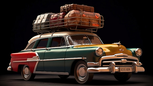 双流区旅游地图背景图片_带行李架的复古车，行李箱令人惊叹的 3D 渲染