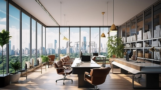 豪华办公空间的 3D 渲染，具有城市全景现代家具和一流的设备，是提高工作场所生产力的理想选择
