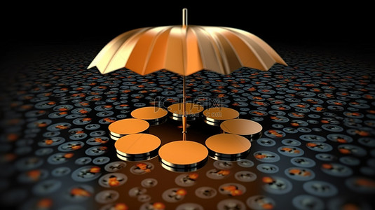 风暴卡通背景图片_3D 插图概念渲染用孤立的波纹硬币雨伞盖保护自己免受加密风暴的影响