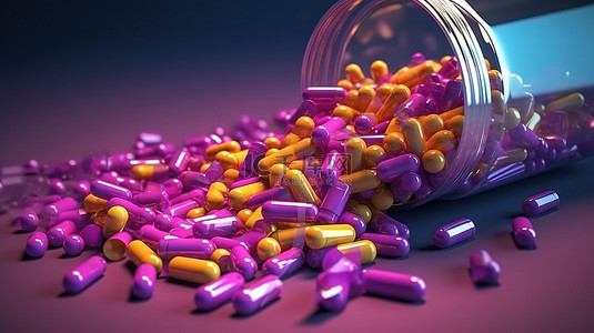 抗生素胶囊从药瓶中溢出 3D 创新医学插图