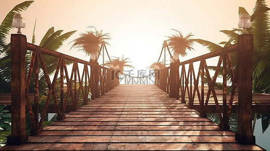 爬山景观背景图片_悬浮在半空中的木甲板铁桥的热带 3D 插图