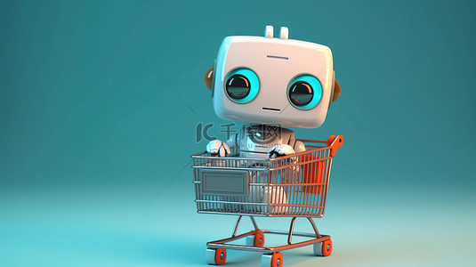 在线开公司背景图片_3D 渲染的可爱机器人持有购物车，用于说明在线购物