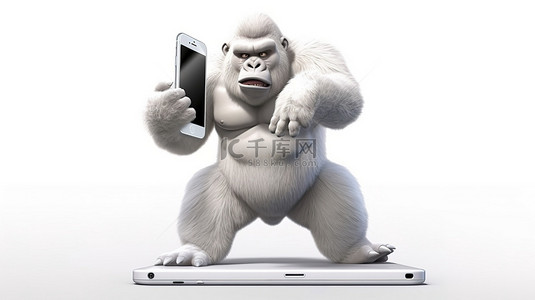 异想天开的 3D 大猩猩带着俏皮的微笑展示手机