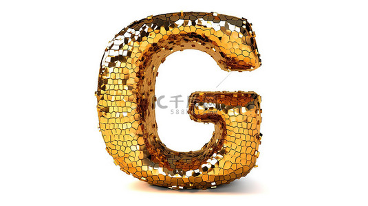 闪亮的 3D 渲染锤击黄铜字体，白色背景上带有大写字母 g