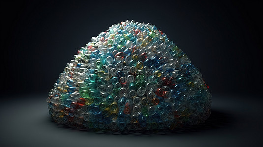 一堆高耸的废弃塑料瓶，3D 渲染反映了回收和环境