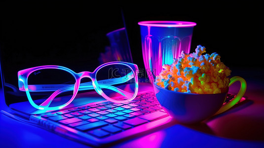 一台笔记本电脑一碗爆米花和蓝色粉色霓虹灯下的 3D 眼镜