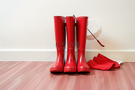 地板上有两只红色橡胶靴和一把草伞