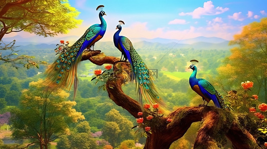 热带花卉图案背景图片_充满活力的孔雀栖息在树枝上，映衬着郁郁葱葱的风景，这是 3D 数字杰作