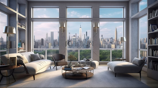 宽敞的客厅设有使用 3D 渲染创建的落地窗，可欣赏城市景观