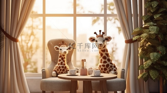 游戏室或咖啡馆椅子上长颈鹿玩具的 3D 渲染