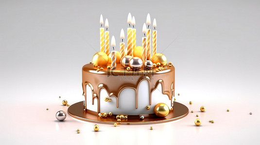 快乐蛋糕背景图片_3D 渲染白色背景卡通甜点分层蛋糕，配有金色蜡烛，用于特殊的生日庆祝活动